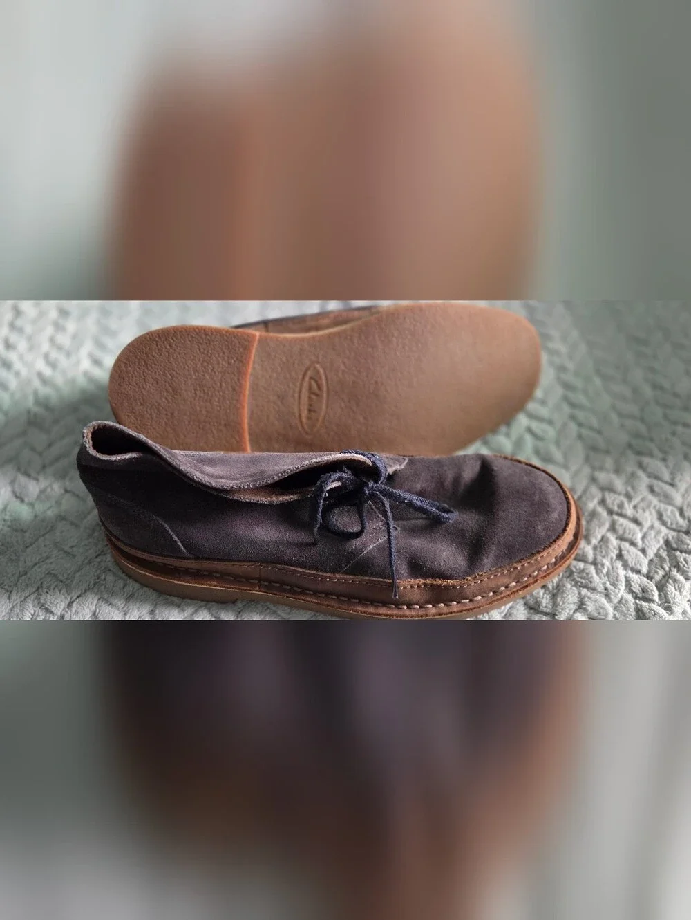 Clarks Navy Suede Chukka Boots with Brown Trim